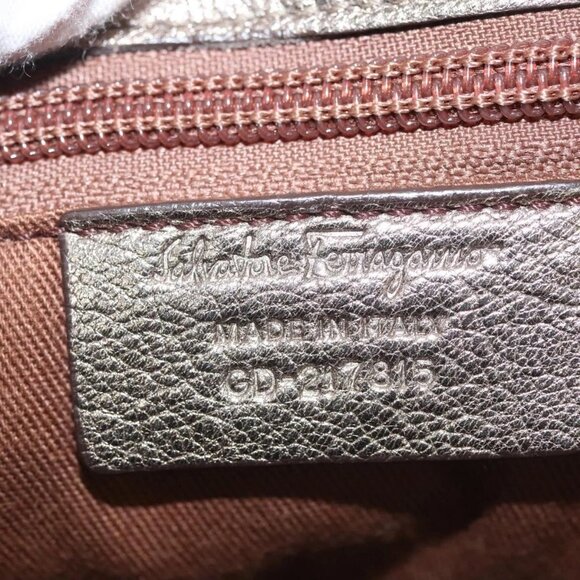 Salvatore Ferragamo Gancini Bag Leather Champagne Gold Silver Auth - Picture 13 of 16